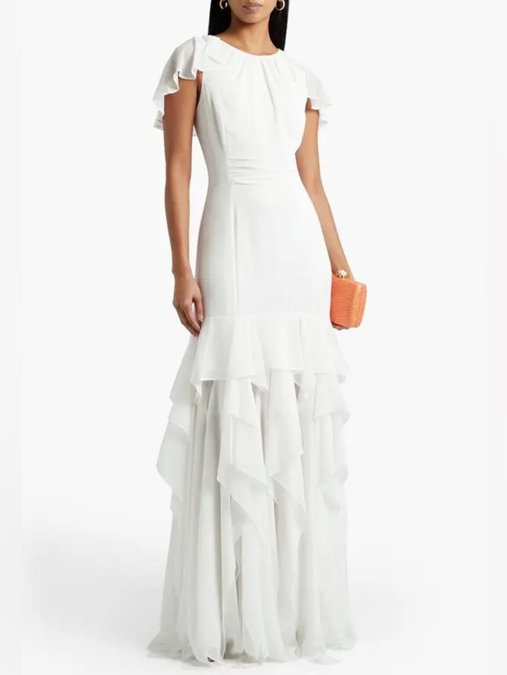 HALSTON Flounce Georgette Chalk White Ruffle Chiffon Gown Maxi Dress NWT $495 - Picture 2 of 5